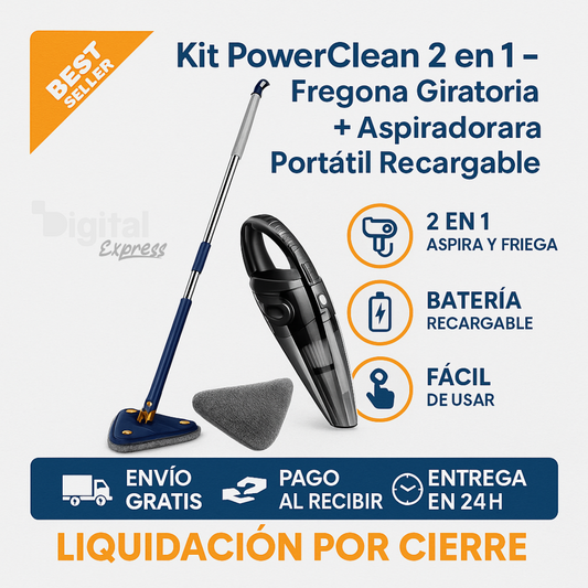 Kit PowerClean™ 2 en 1 – Fregona Giratoria + Aspiradora Portátil Recargable (LIQUIDACIÓN POR CIERRE)